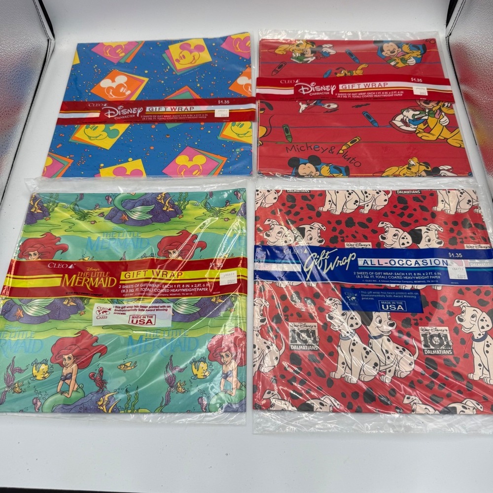 Vintage Disney Gift Wrap Wrapping Paper Lot 4 Little Mermaid Dalmatians Mickey